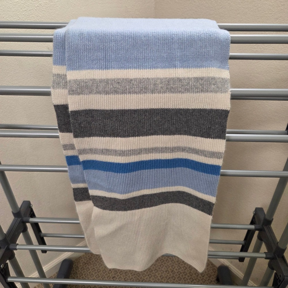 Ann Taylor Cashmere Wool Silk Striped Ribbed Knit Scarf Blue Gray Cream 72x9